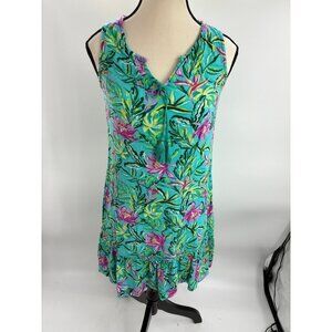 Stella Parker Womens S Tropical Floral Sleeveless Ruffle Hem Dress Blue Pink